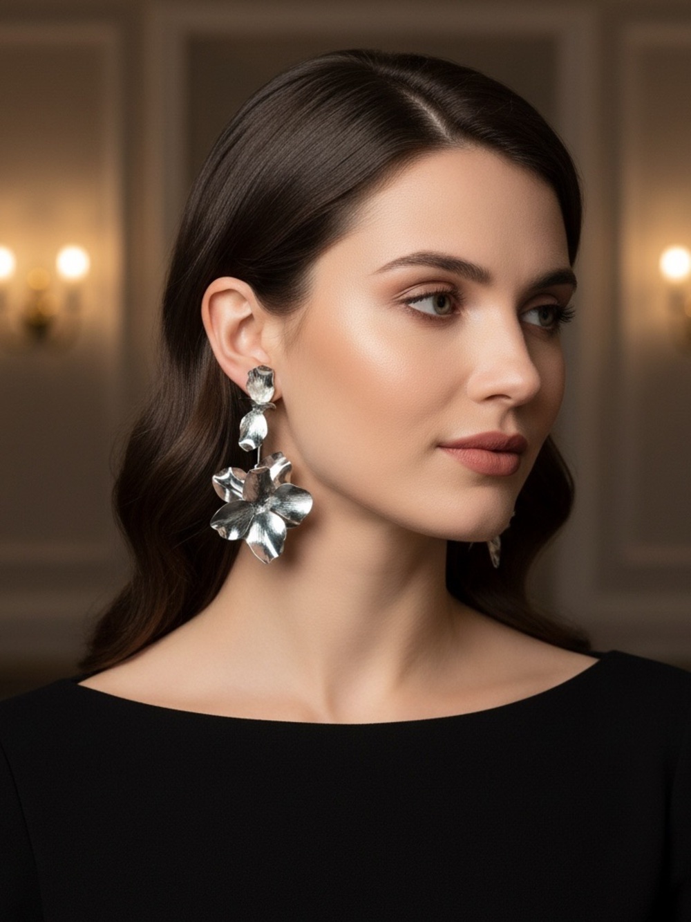 NEW-Silver Statement Floral Drop Earrings Long Petal Flower Jewelry
